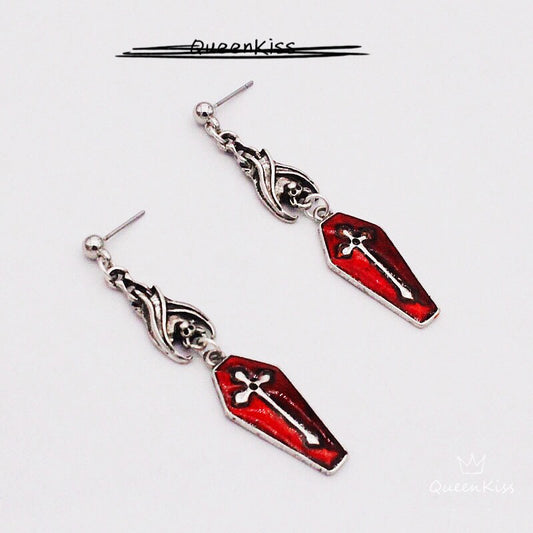 Enamel Earrings Bat and Coffin Cross Gothic Dangle Horror Earrings Halloween Earrings Creepy Goth Grunge Earrings
