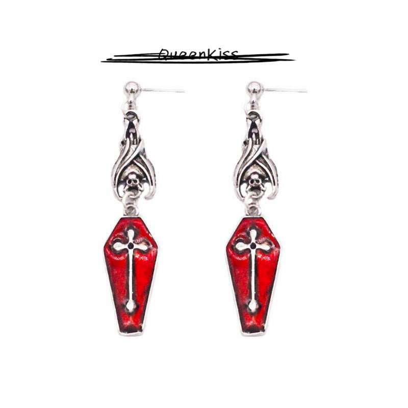 Enamel Earrings Bat and Coffin Cross Gothic Dangle Horror Earrings Halloween Earrings Creepy Goth Grunge Earrings