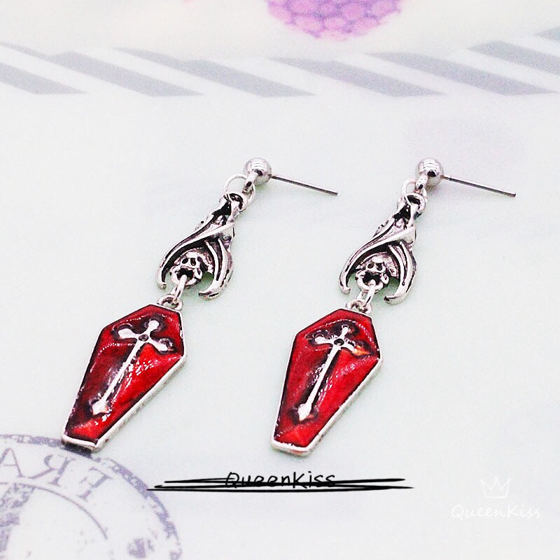 Enamel Earrings Bat and Coffin Cross Gothic Dangle Horror Earrings Halloween Earrings Creepy Goth Grunge Earrings