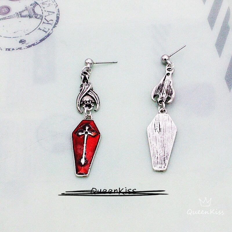 Enamel Earrings Bat and Coffin Cross Gothic Dangle Horror Earrings Halloween Earrings Creepy Goth Grunge Earrings