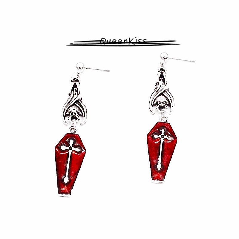 Enamel Earrings Bat and Coffin Cross Gothic Dangle Horror Earrings Halloween Earrings Creepy Goth Grunge Earrings