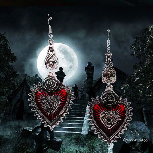 Enamel Earrings Bat Rose Red Heart Eye Gothic Dangle Horror Earrings Halloween Earrings Creepy Goth Grunge Earrings