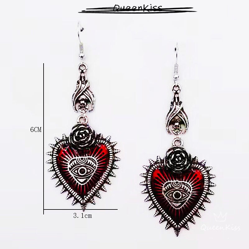 Enamel Earrings Bat Rose Red Heart Eye Gothic Dangle Horror Earrings Halloween Earrings Creepy Goth Grunge Earrings
