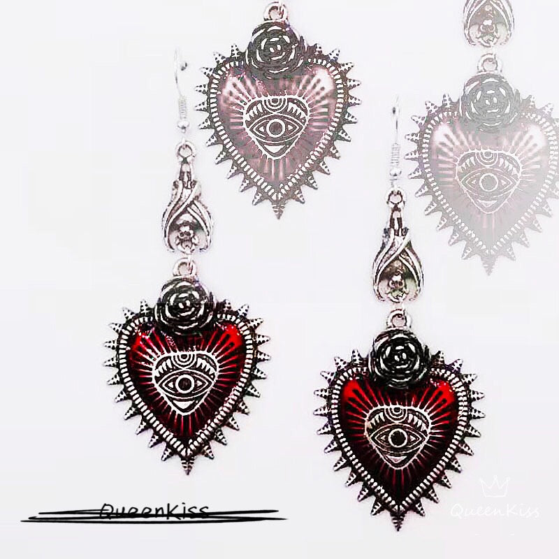 Enamel Earrings Bat Rose Red Heart Eye Gothic Dangle Horror Earrings Halloween Earrings Creepy Goth Grunge Earrings