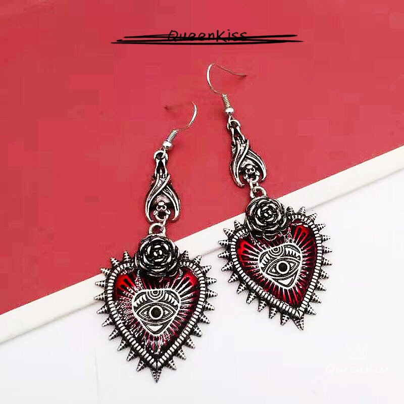 Enamel Earrings Bat Rose Red Heart Eye Gothic Dangle Horror Earrings Halloween Earrings Creepy Goth Grunge Earrings