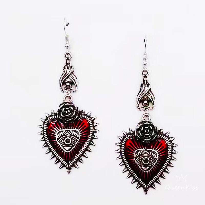 Enamel Earrings Bat Rose Red Heart Eye Gothic Dangle Horror Earrings Halloween Earrings Creepy Goth Grunge Earrings