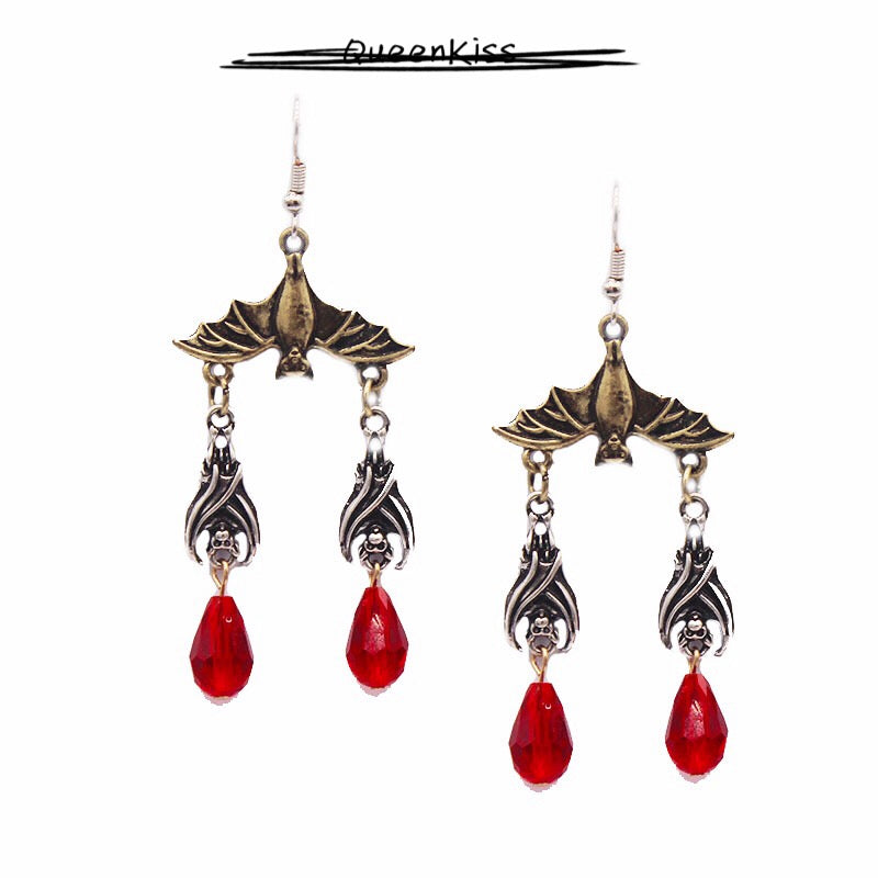 Enamel Earrings Family Bats Three Bats Blood Gothic Dangle Horror Earrings Halloween Earrings Creepy Goth Grunge Earrings