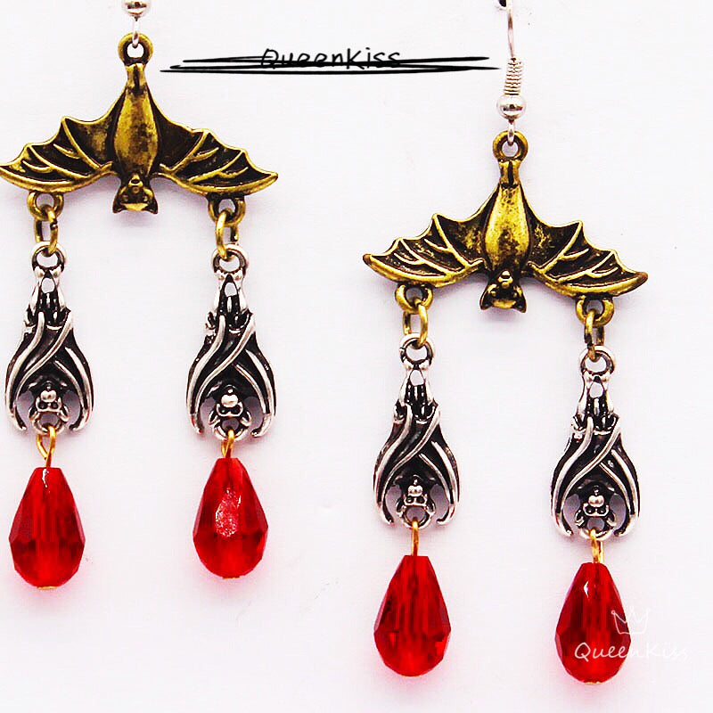 Enamel Earrings Family Bats Three Bats Blood Gothic Dangle Horror Earrings Halloween Earrings Creepy Goth Grunge Earrings
