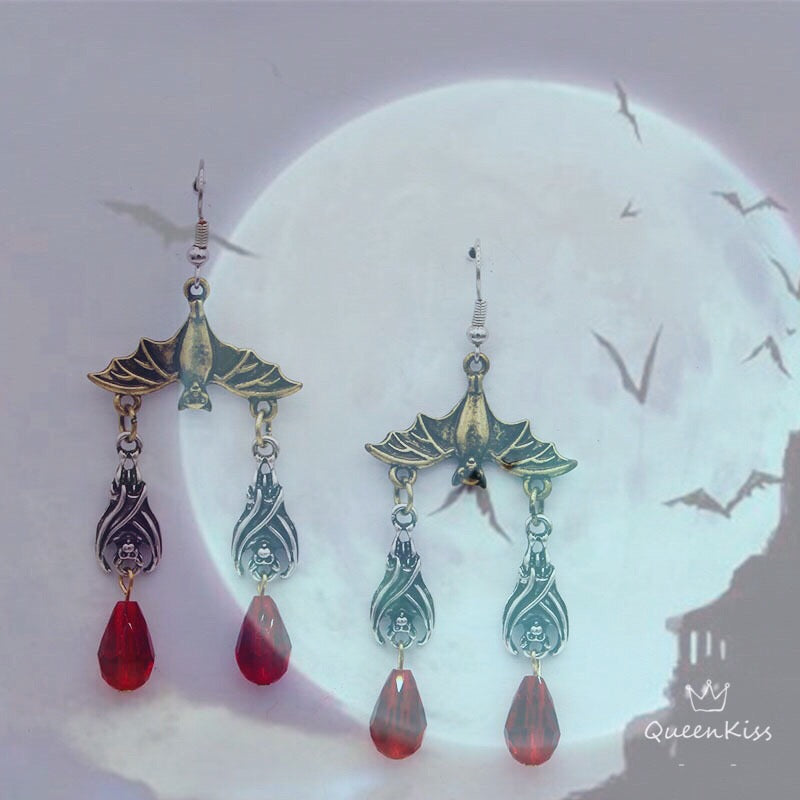 Enamel Earrings Family Bats Three Bats Blood Gothic Dangle Horror Earrings Halloween Earrings Creepy Goth Grunge Earrings