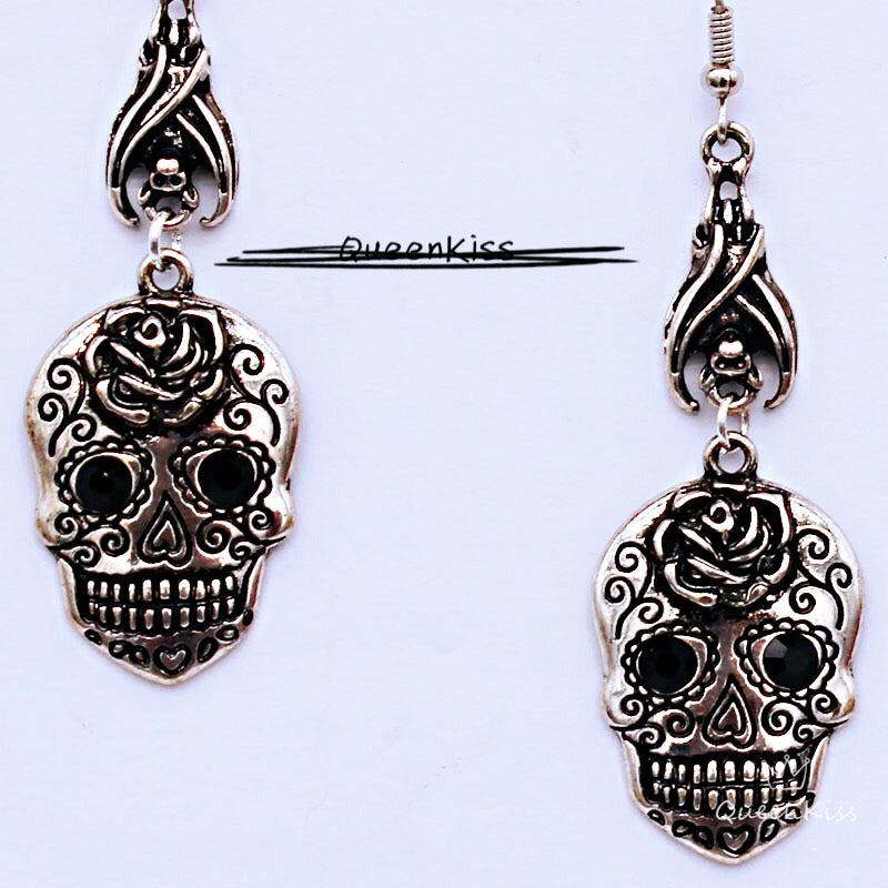 Enamel Earrings Skeleton Gem Eyes Rose Bat Gothic Dangle Horror Earrings Halloween Earrings Creepy Goth Grunge Earrings