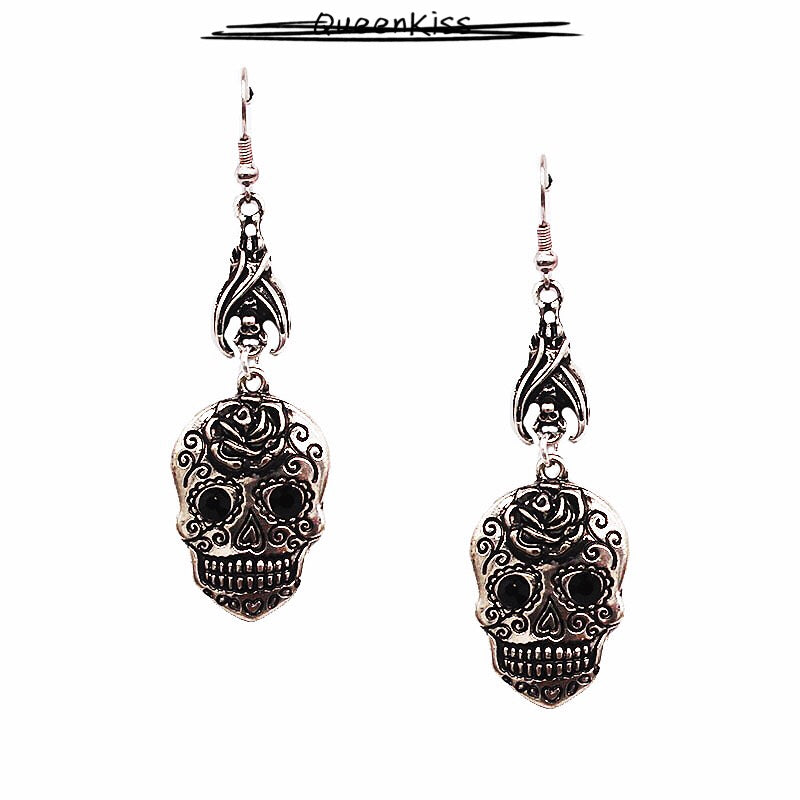 Enamel Earrings Skeleton Gem Eyes Rose Bat Gothic Dangle Horror Earrings Halloween Earrings Creepy Goth Grunge Earrings