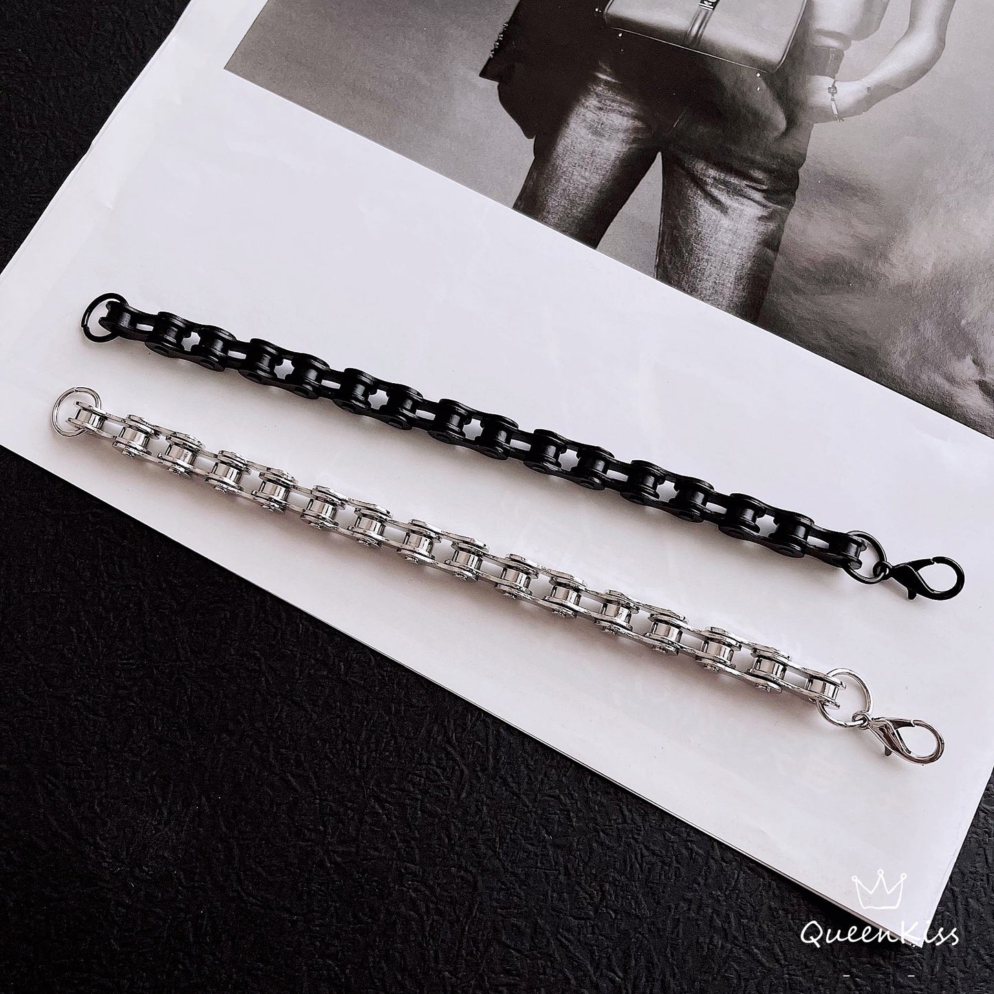 Funky Punk Stainless Steel Cool Style Bicycle Chain Silver and Black Bracelet -- Love and Desire!!