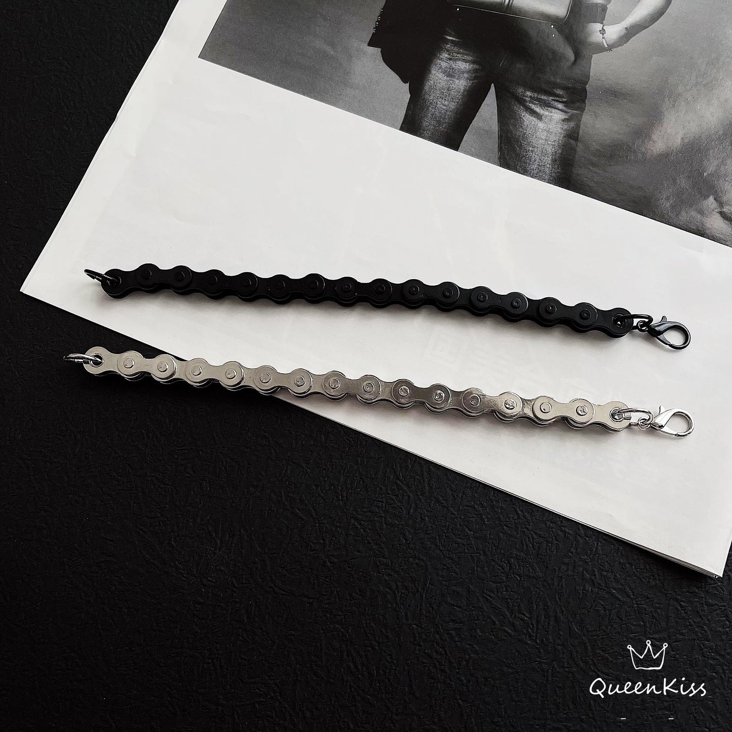 Funky Punk Stainless Steel Cool Style Bicycle Chain Silver and Black Bracelet -- Love and Desire!!