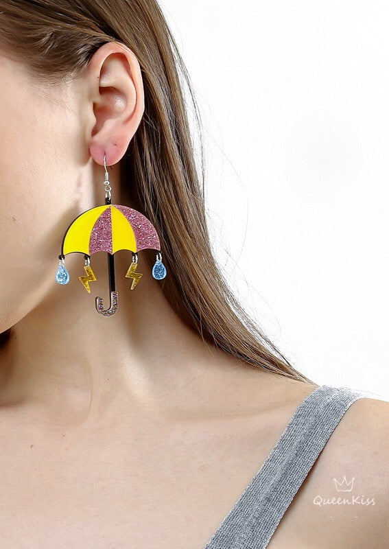 Cute Umbrella Yellow Purple Flash Teardrip Romantic Style Earrings - Singing in the Rain!!