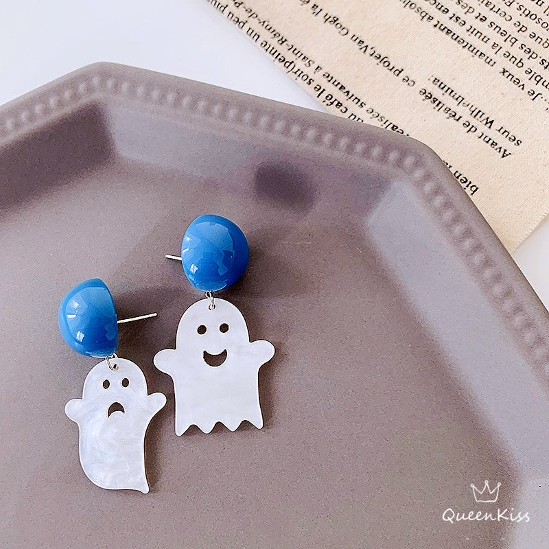 Halloween Cute Light Trendy White Ghost Catching Party Earrings - Creepy Monster!!
