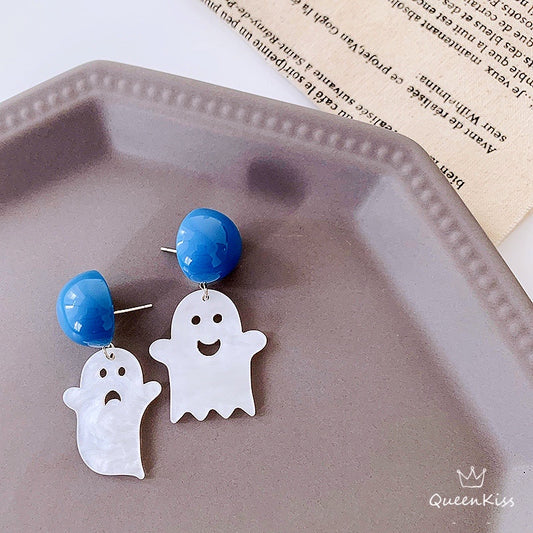 Halloween Cute Light Trendy White Ghost Catching Party Earrings - Creepy Monster!!