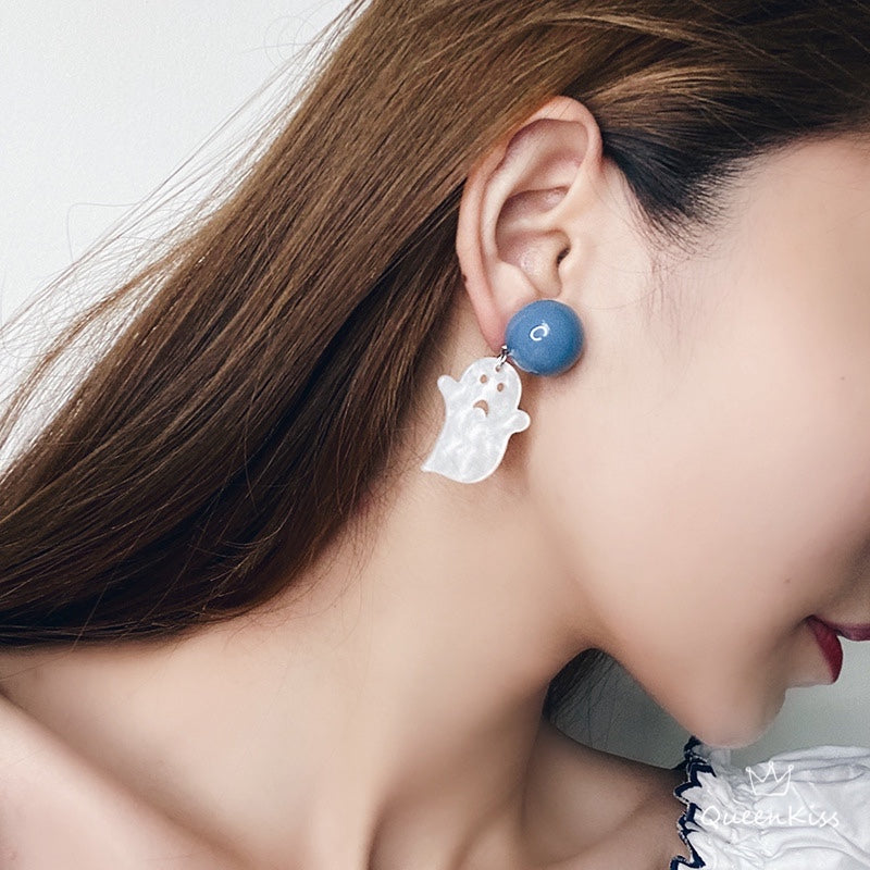 Halloween Cute Light Trendy White Ghost Catching Party Earrings - Creepy Monster!!