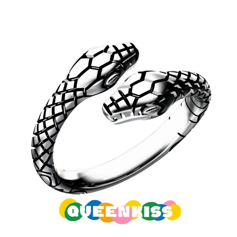 Two Heads Double Heads Snake Minimalist Vintage Adjustable Silver Ring -- Snakey
