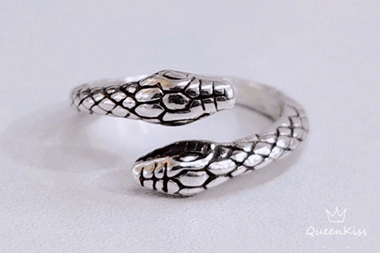 Two Heads Double Heads Snake Minimalist Vintage Adjustable Silver Ring -- Snakey