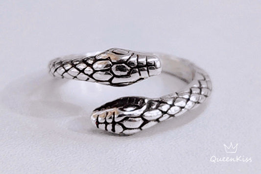 Two Heads Double Heads Snake Minimalist Vintage Adjustable Silver Ring -- Snakey