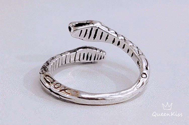 Two Heads Double Heads Snake Minimalist Vintage Adjustable Silver Ring -- Snakey