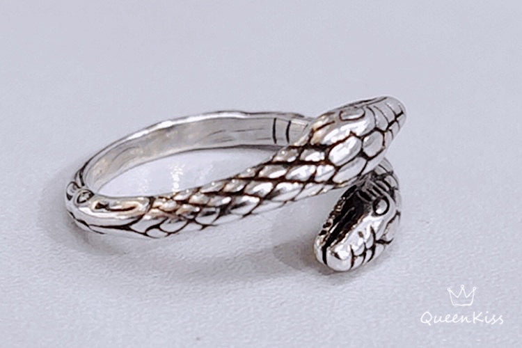 Two Heads Double Heads Snake Minimalist Vintage Adjustable Silver Ring -- Snakey