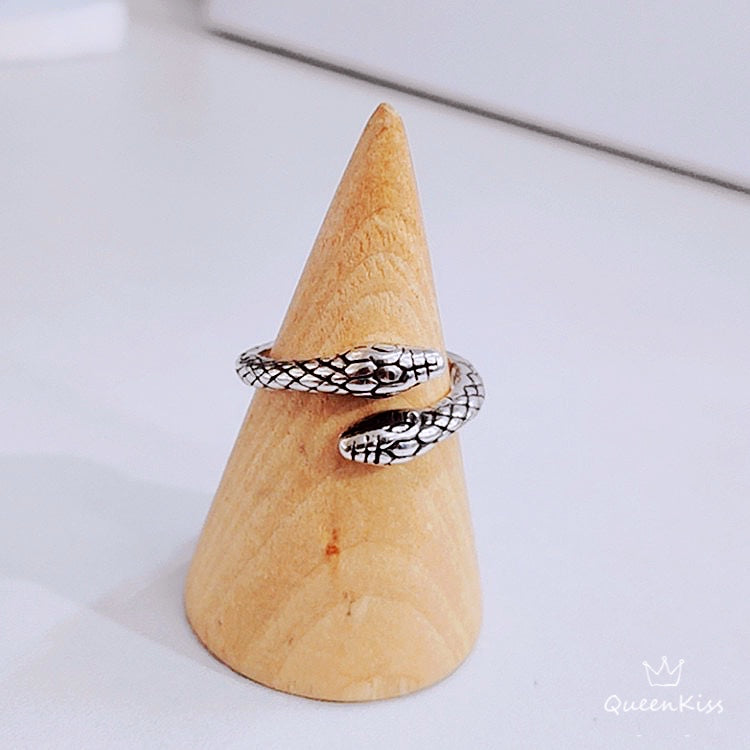 Two Heads Double Heads Snake Minimalist Vintage Adjustable Silver Ring -- Snakey