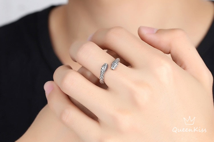 Two Heads Double Heads Snake Minimalist Vintage Adjustable Silver Ring -- Snakey