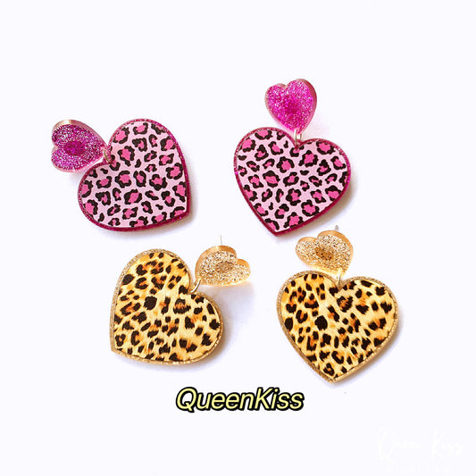 Cute Light Trendy Pink and Yellow Heart Shape Leopard Print Earrings - Baby Mine!!