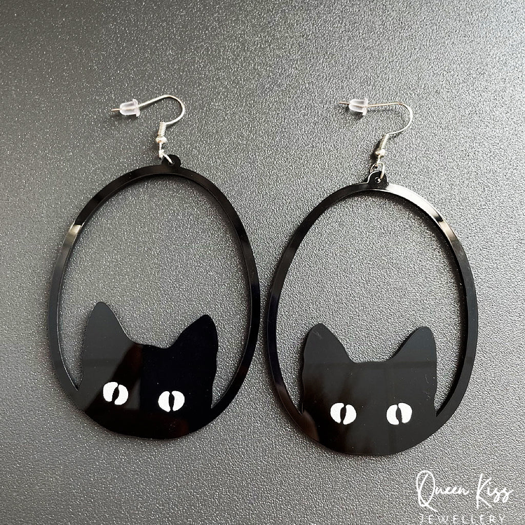 Super Light Acrylic Cute Black Cat Kitty Earrings - Queen of The Night!!