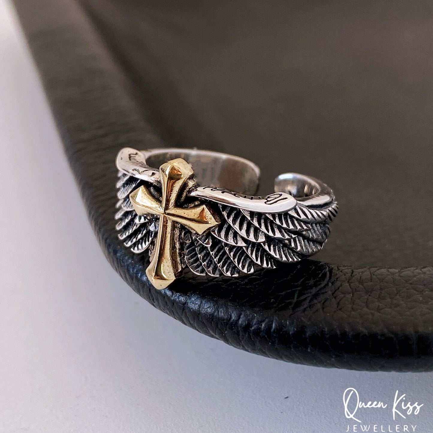 S925 Sterling Silver Vintage Adorable Cross on Wings Adjustable Silver Ring