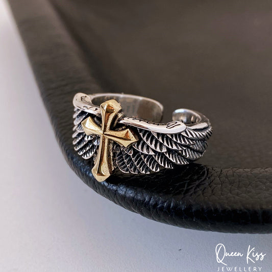 S925 Sterling Silver Vintage Adorable Cross on Wings Adjustable Silver Ring