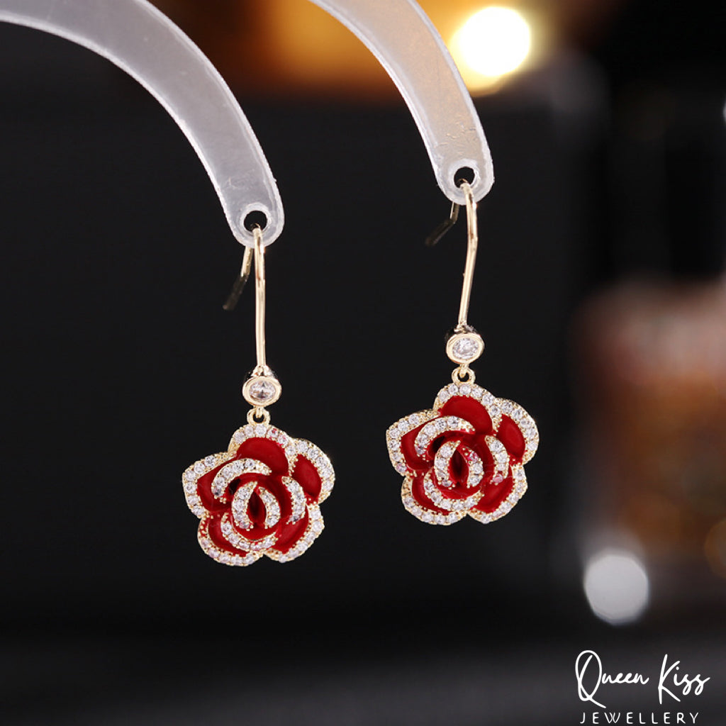 Super Dazzle Red and Black Rose Cubic Zirconic Zircon Gemstone Earrings -- La Vie En Rose!!