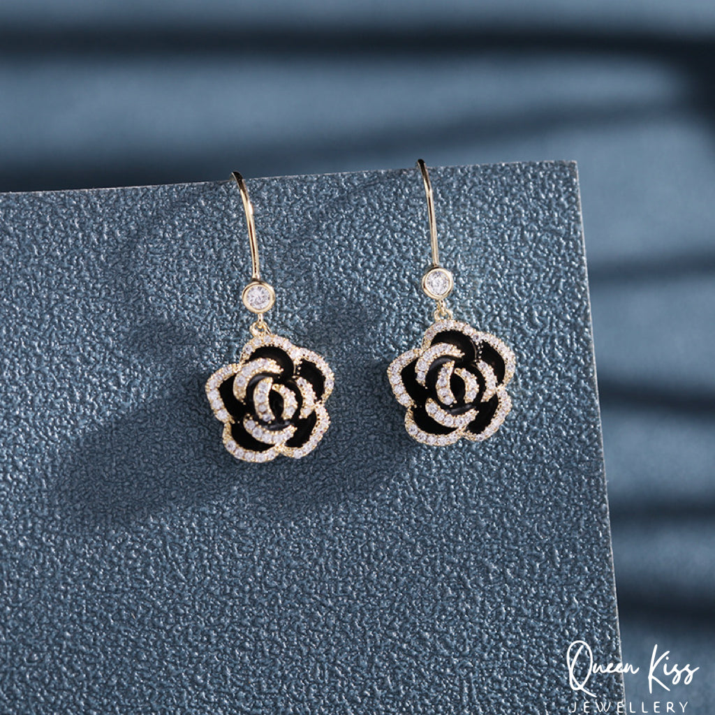 Super Dazzle Red and Black Rose Cubic Zirconic Zircon Gemstone Earrings -- La Vie En Rose!!