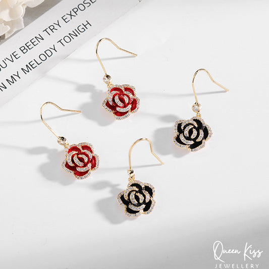 Super Dazzle Red and Black Rose Cubic Zirconic Zircon Gemstone Earrings -- La Vie En Rose!!