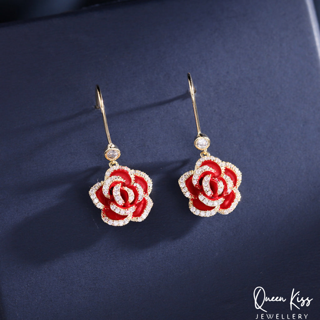 Super Dazzle Red and Black Rose Cubic Zirconic Zircon Gemstone Earrings -- La Vie En Rose!!