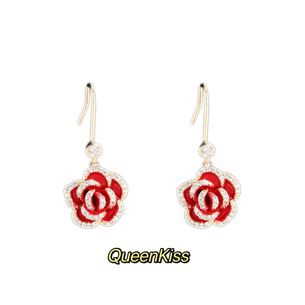 Super Dazzle Red and Black Rose Cubic Zirconic Zircon Gemstone Earrings -- La Vie En Rose!!