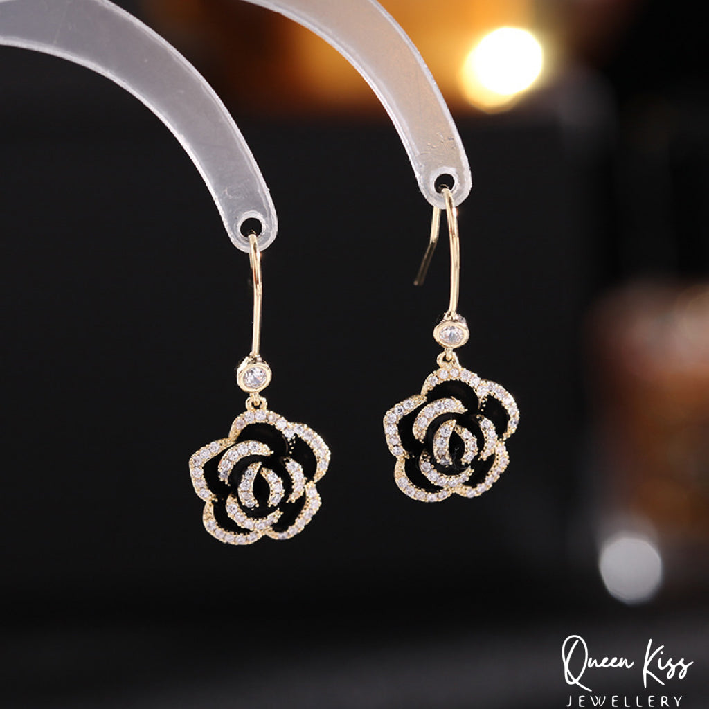 Super Dazzle Red and Black Rose Cubic Zirconic Zircon Gemstone Earrings -- La Vie En Rose!!
