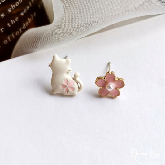 Sterling Silver 925 Stud Earrings Cute Cat Kitty and Flower Stud Earrings Gift for her