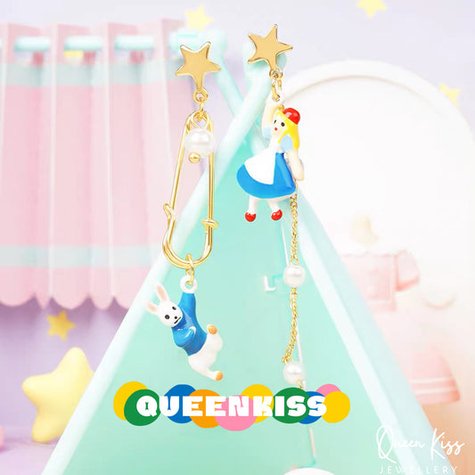 Super Cute Wonderland Alice Star and Rabbit Star Enamelled Earrings -- Wonderful World!!