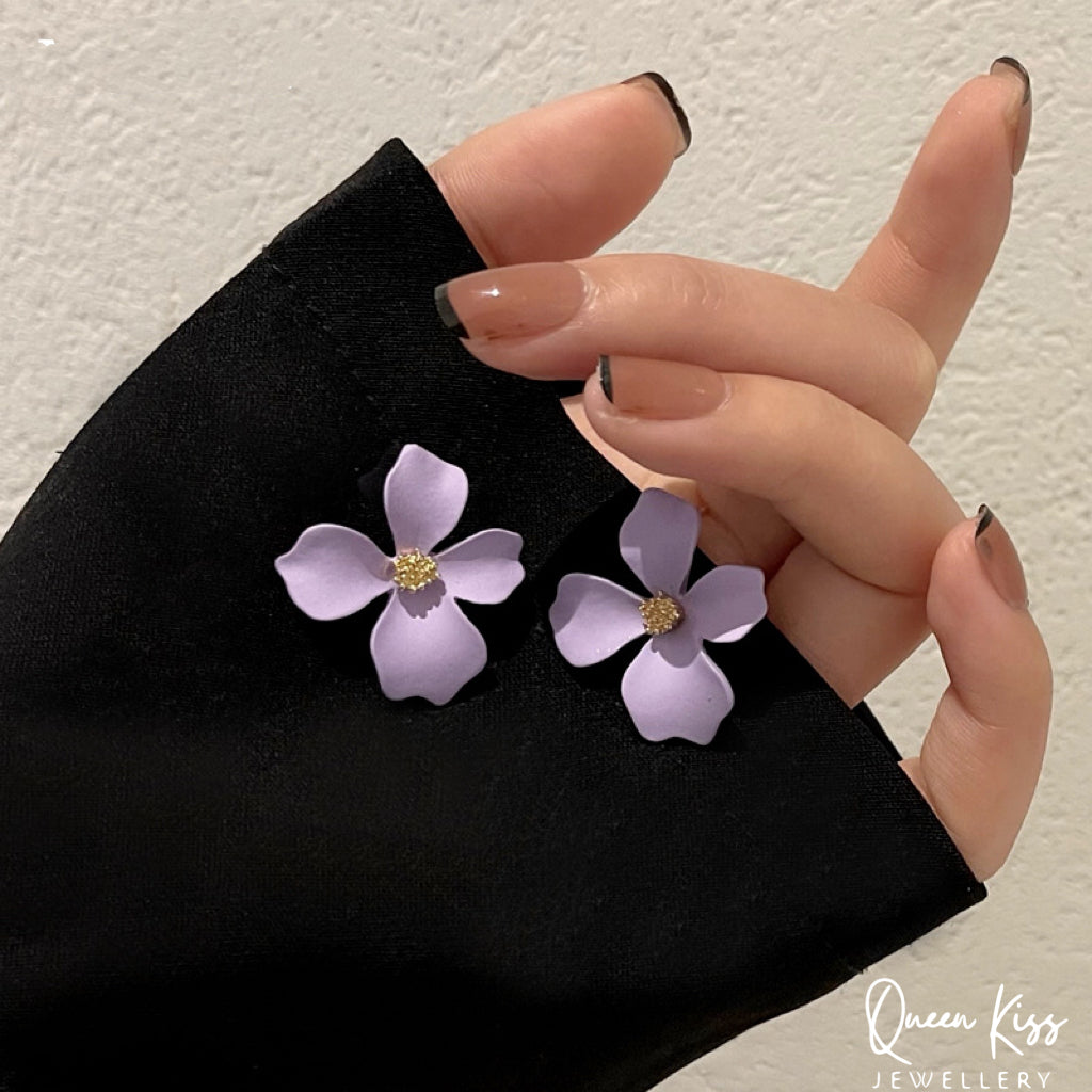 Enamel Matt Cute Adorable Gold White Purple and Green 3D Flower Floral Studs Earrings -- Sexy Baby!!