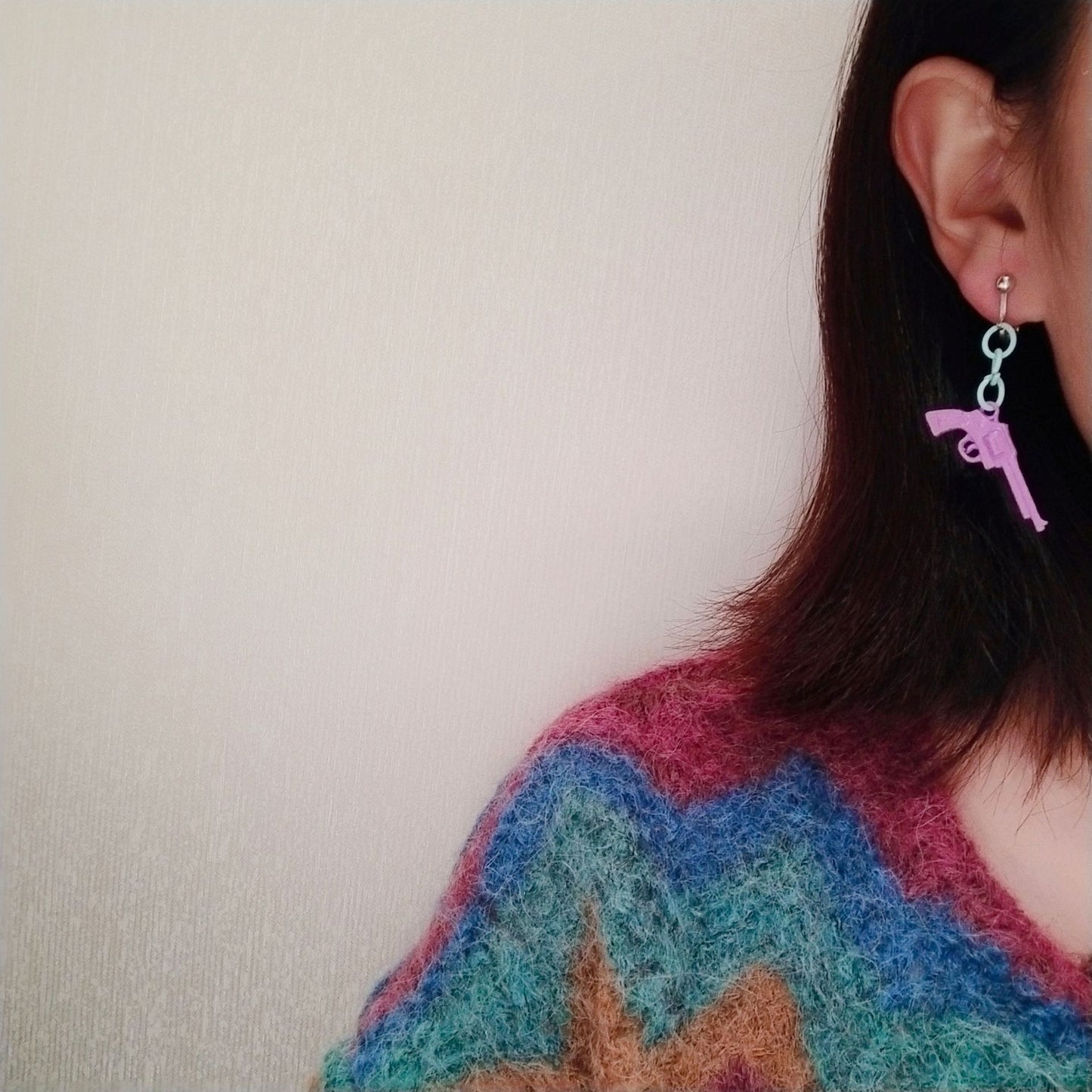 Cool Sweet Love and Gun Paint Green and Purple Earrings -- The Only One in the Village!!