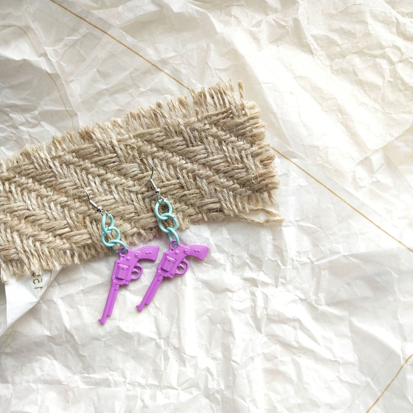Cool Sweet Love and Gun Paint Green and Purple Earrings -- The Only One in the Village!!