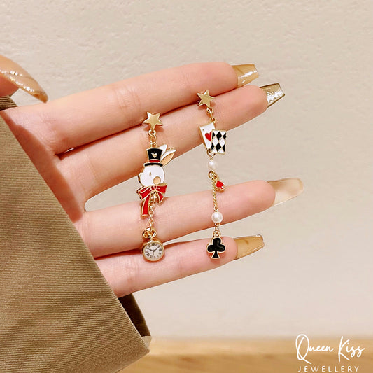 Super Cute Wonderland Bunny Rabbit Clock and Ace Card Enamelled Earrings -- Hide and Seek!!