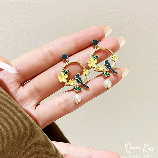 Enamel Bird and Yellow Flower Pearl Circle Earrings -- Garden Tale!