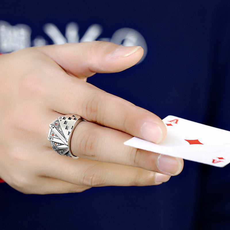 Cool Quirky Adjustable Poker Cards ShowHand Silver Ring -- Winner of the Casino