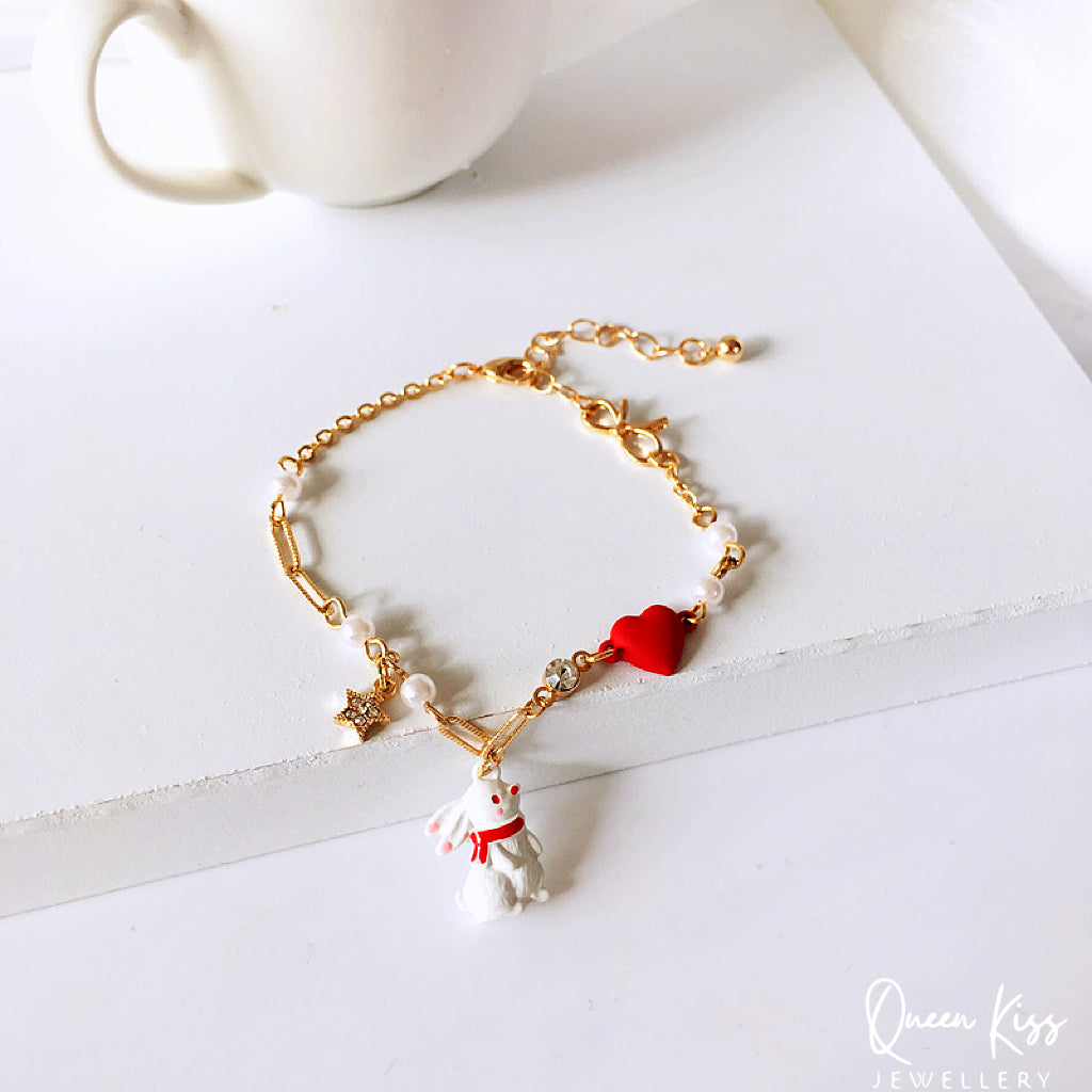Cute Adorable Princess Theme Bracelet Rabbit Bunny Red Heart Star Pearl Adjustable Length Lovely Bracelet - Bunny You And Me!