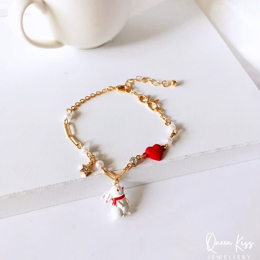 Cute Adorable Princess Theme Bracelet Rabbit Bunny Red Heart Star Pearl Adjustable Length Lovely Bracelet - Bunny You And Me!