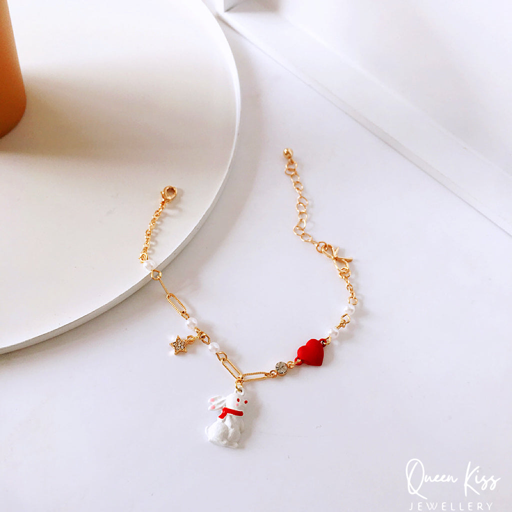 Cute Adorable Princess Theme Bracelet Rabbit Bunny Red Heart Star Pearl Adjustable Length Lovely Bracelet - Bunny You And Me!