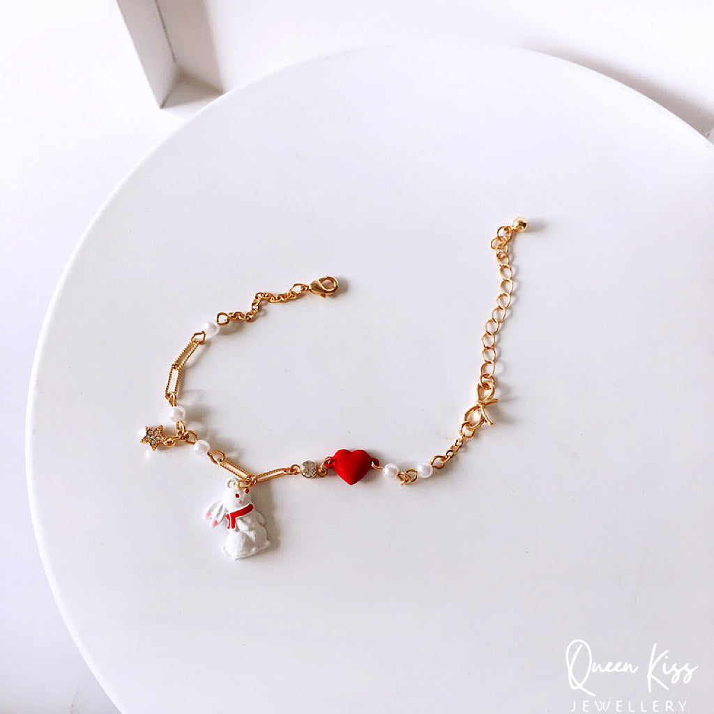 Cute Adorable Princess Theme Bracelet Rabbit Bunny Red Heart Star Pearl Adjustable Length Lovely Bracelet - Bunny You And Me!